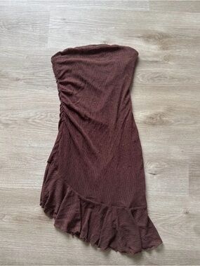 Cider Brown Lace Asymmetrical Strapless Dress